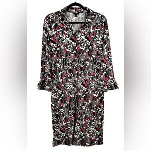 TALBOTS Floral Shift Button Down Dress Size Medium Bell Sleeve Black Pink White